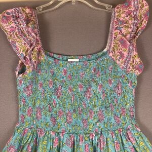 Islapayal Paris Midi Dress Womens Medium Teal Floral Smocked Off‎ The Shoulder